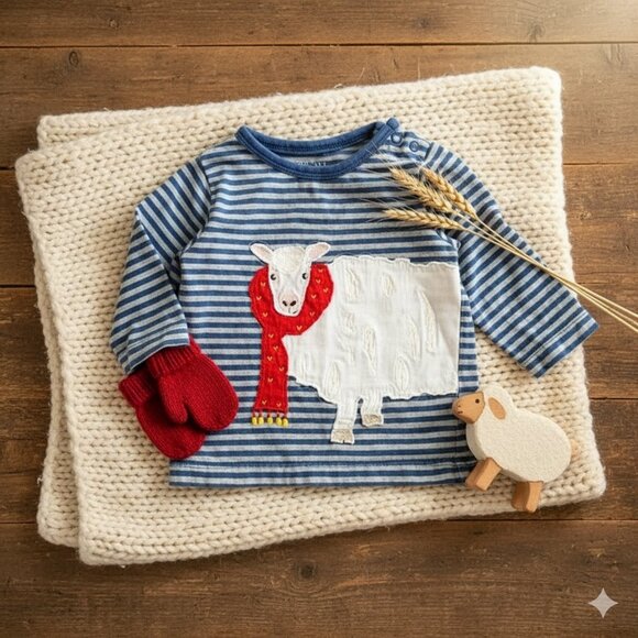 Vintage Baby Boden Infant Blue Striped Sheep in Scarf Long Sleeve Tee | 6-12M - Picture 1 of 8